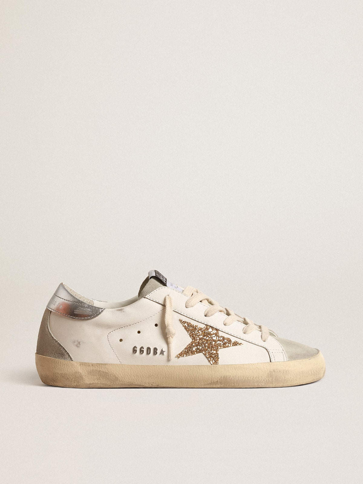 Women's Super-Star with gold glitter star and ice-gray suede inserts - Golden Goose Women