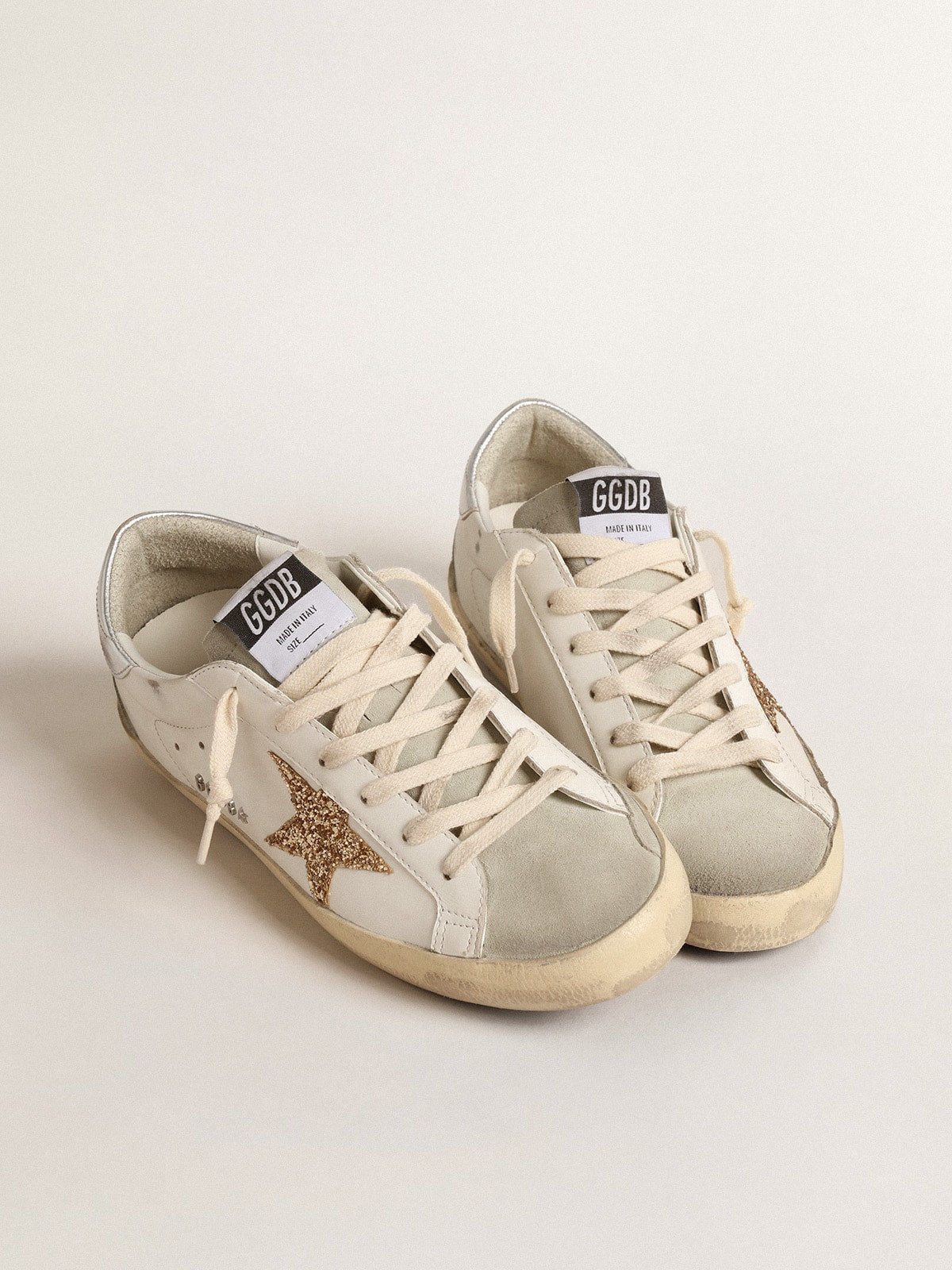 Women's Super-Star with gold glitter star and ice-gray suede inserts - Golden Goose Women