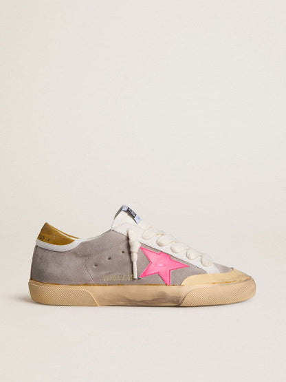 Women's Super-Star in dove-gray suede with fuchsia leather star and ocher suede heel tab - Golden Goose Women
