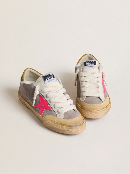 Women's Super-Star in dove-gray suede with fuchsia leather star and ocher suede heel tab - Golden Goose Women