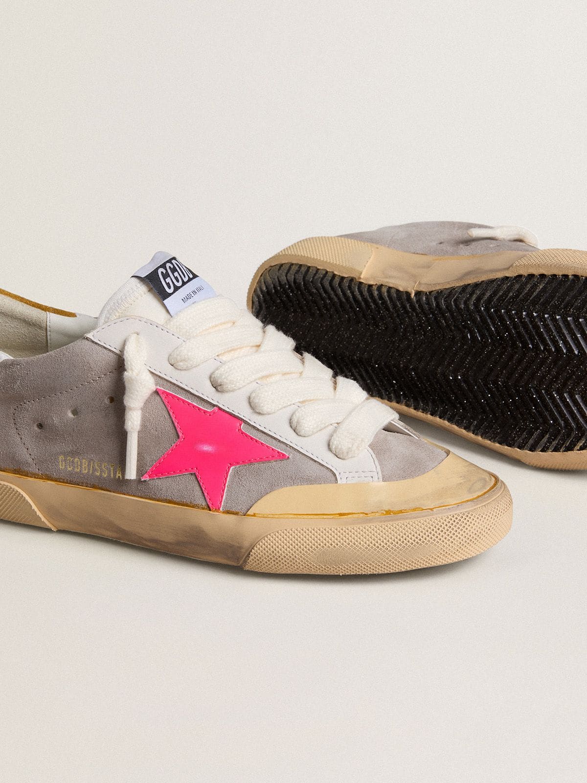 Women's Super-Star in dove-gray suede with fuchsia leather star and ocher suede heel tab - Golden Goose Women
