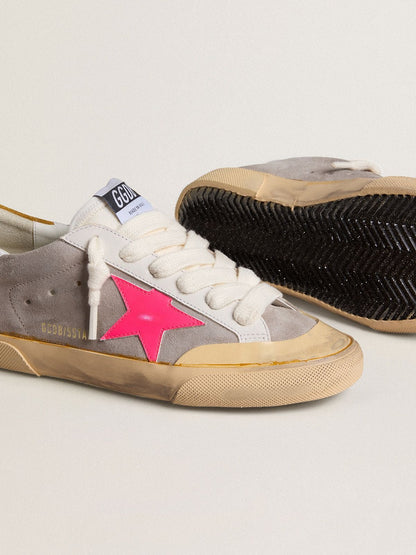 Women's Super-Star in dove-gray suede with fuchsia leather star and ocher suede heel tab - Golden Goose Women