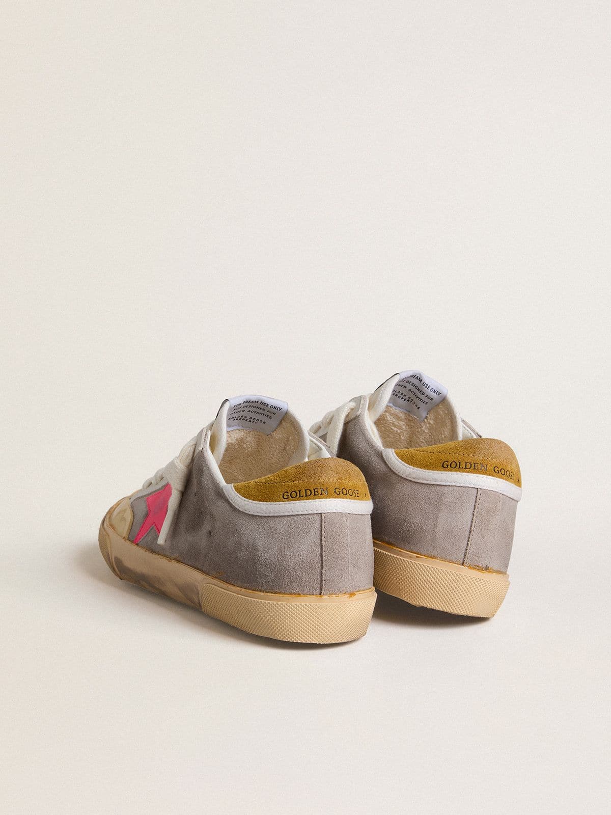 Women's Super-Star in dove-gray suede with fuchsia leather star and ocher suede heel tab - Golden Goose Women