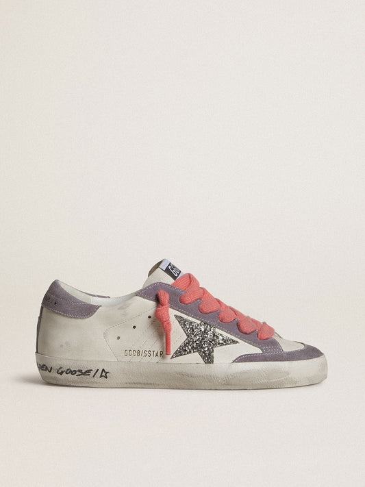 Women's Super-Star with silver glitter star and lilac suede heel tab - Golden Goose Women