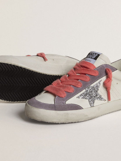 Women's Super-Star with silver glitter star and lilac suede heel tab - Golden Goose Women