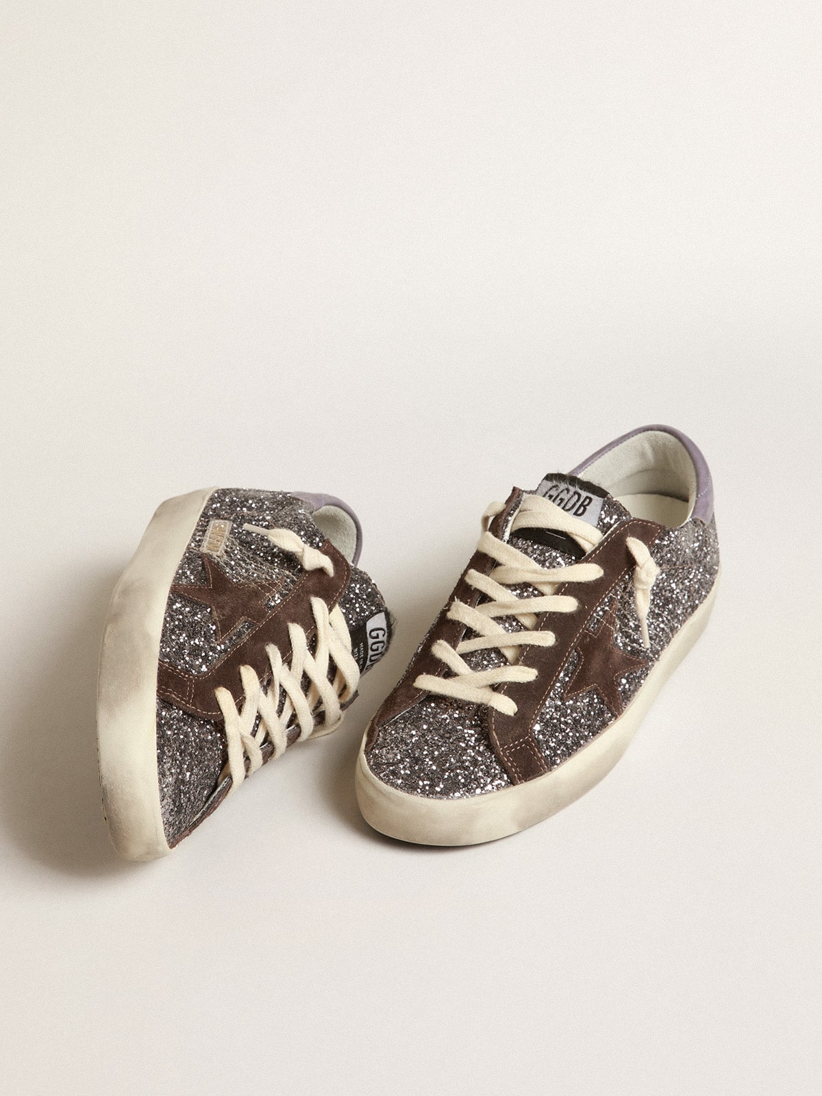 Super-Star in glitter with a brown star and lilac heel tab - Golden Goose Women
