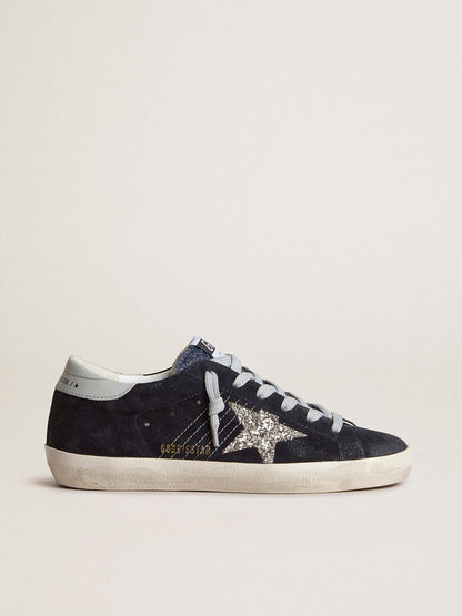 Women’s Super-Star in blue suede with silver glitter star and leather heel tab - Golden Goose Women