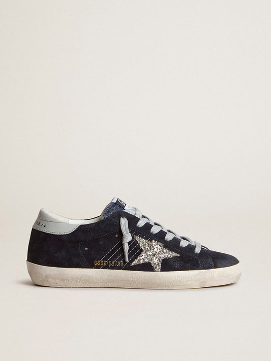 Women’s Super-Star in blue suede with silver glitter star and leather heel tab - Golden Goose Women