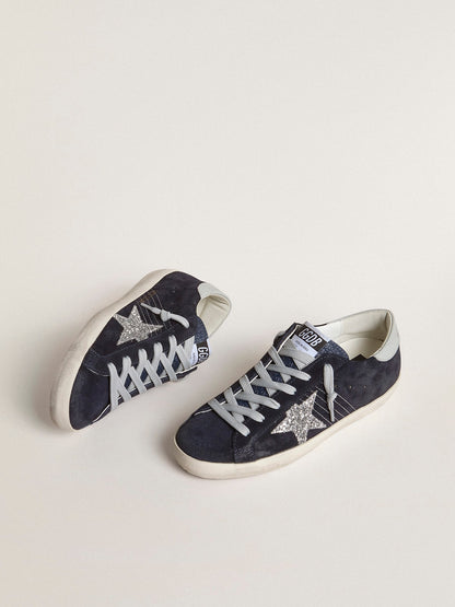 Women’s Super-Star in blue suede with silver glitter star and leather heel tab - Golden Goose Women