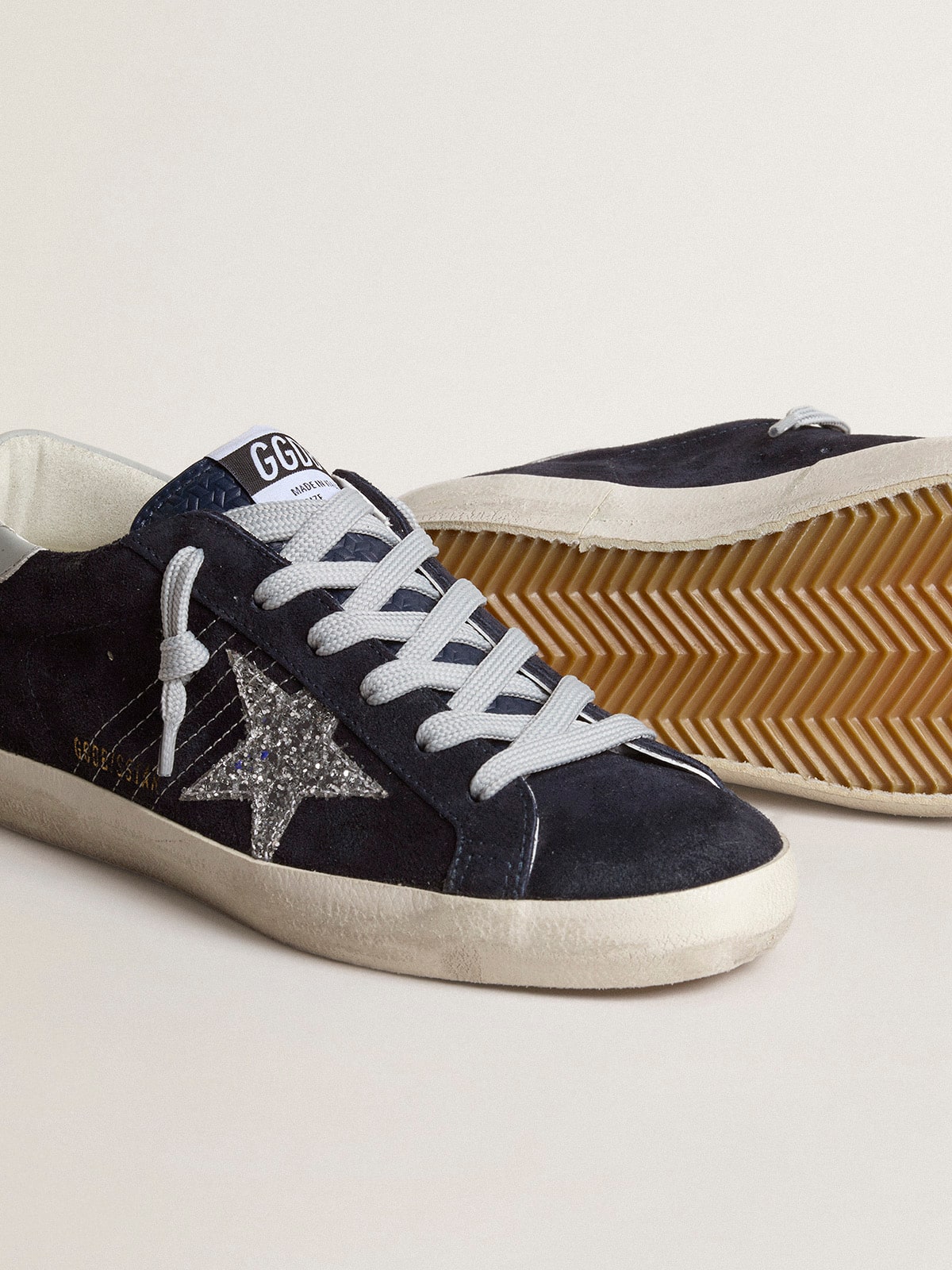 Women’s Super-Star in blue suede with silver glitter star and leather heel tab - Golden Goose Women