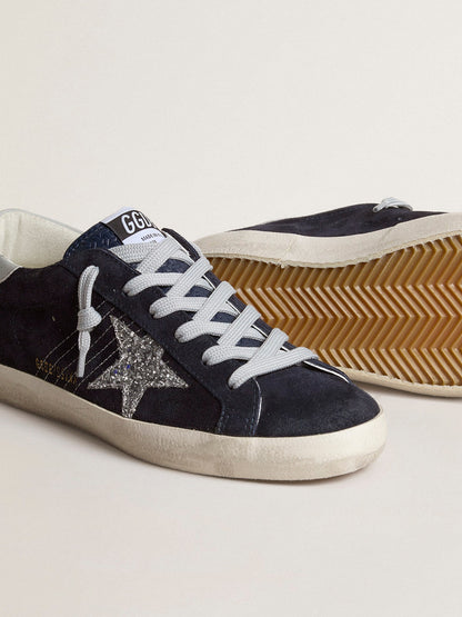 Women’s Super-Star in blue suede with silver glitter star and leather heel tab - Golden Goose Women
