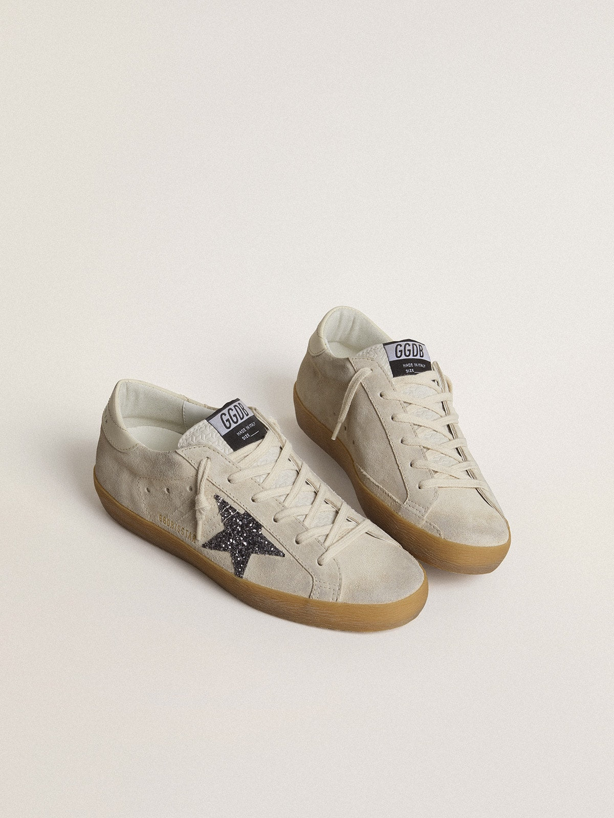 Women's Super-Star in ice-gray suede with silver glitter star and leather heel tab - Golden Goose Women
