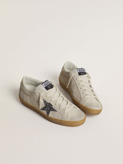 Women's Super-Star in ice-gray suede with silver glitter star and leather heel tab - Golden Goose Women