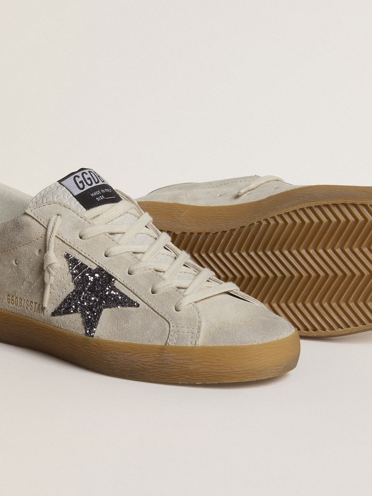 Women's Super-Star in ice-gray suede with silver glitter star and leather heel tab - Golden Goose Women