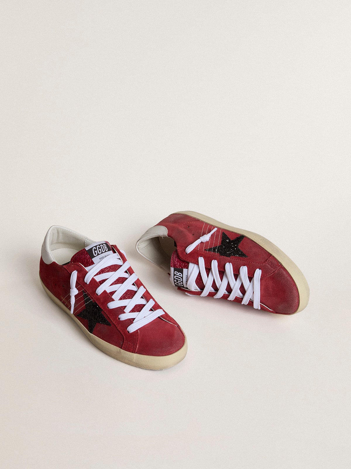 Women’s Super-Star in red suede with glitter star and white heel tab - Golden Goose Women