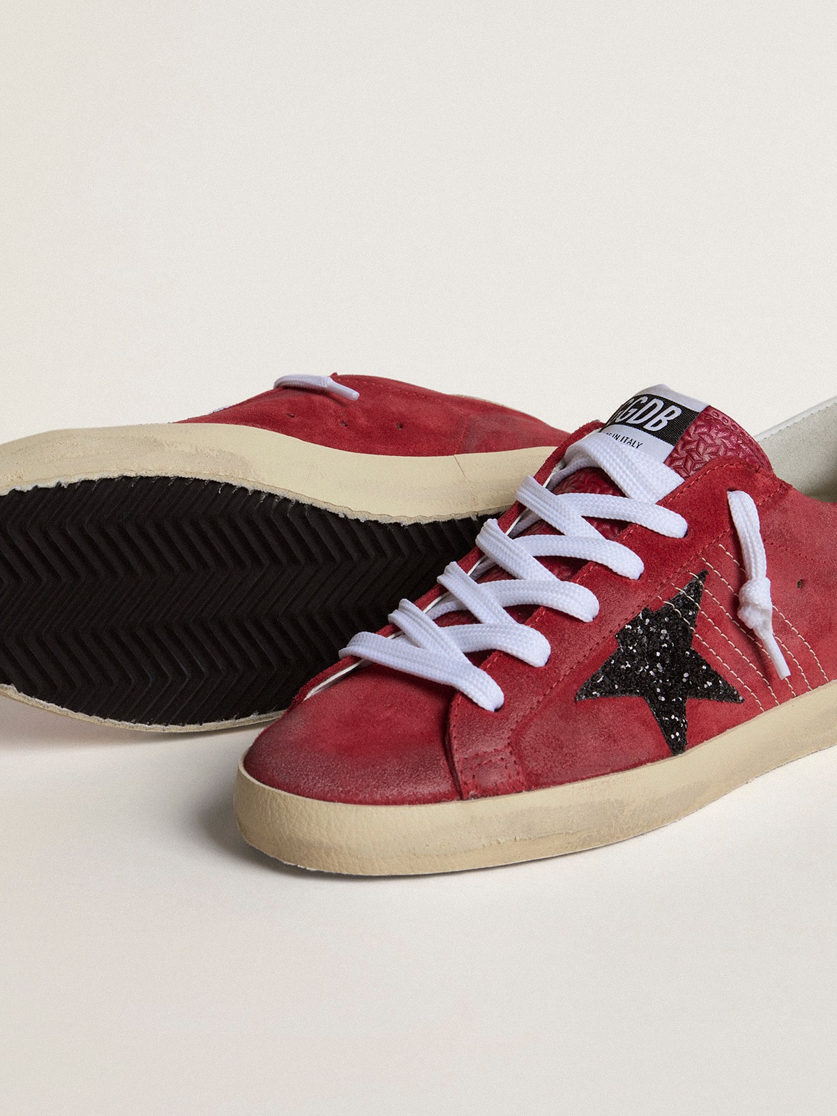 Women’s Super-Star in red suede with glitter star and white heel tab - Golden Goose Women