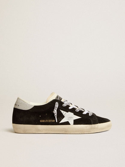 Women's Super-Star LTD in black suede with white printed star and silver glitter heel tab - Golden Goose Women