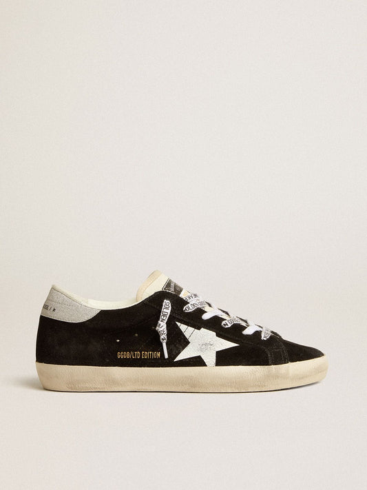 Women's Super-Star LTD in black suede with white printed star and silver glitter heel tab - Golden Goose Women