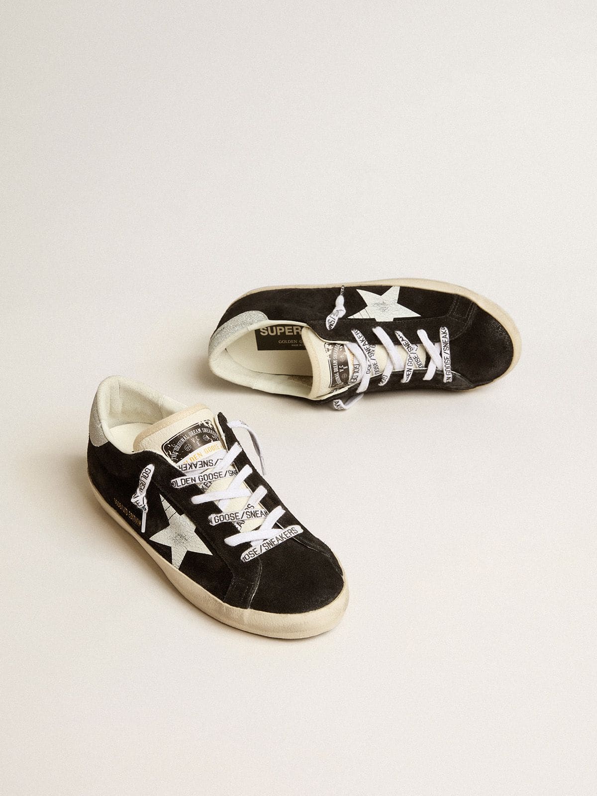 Women's Super-Star LTD in black suede with white printed star and silver glitter heel tab - Golden Goose Women