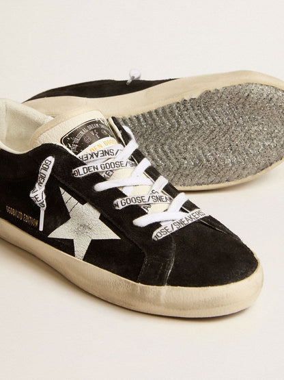 Women's Super-Star LTD in black suede with white printed star and silver glitter heel tab - Golden Goose Women