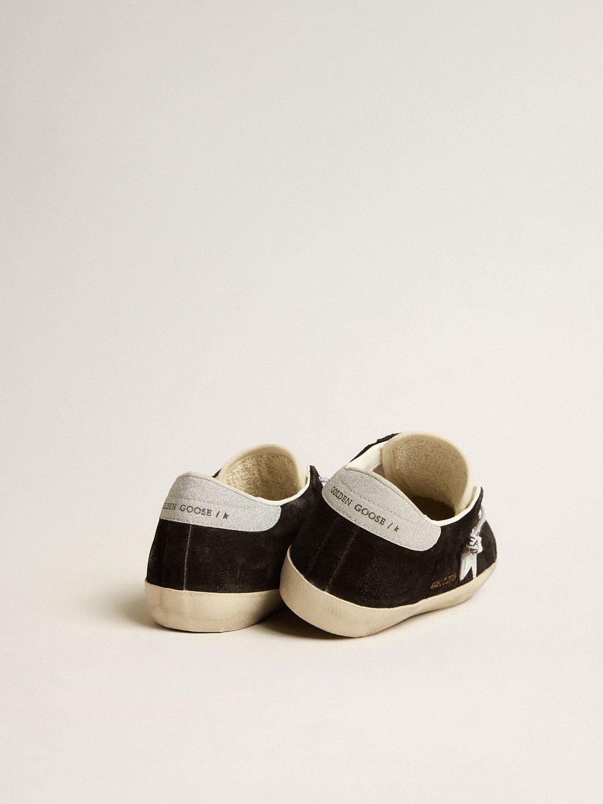 Women's Super-Star LTD in black suede with white printed star and silver glitter heel tab - Golden Goose Women