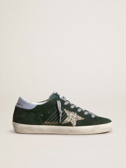 Women's Super-Star in green suede, silver glitter star and leather heel tab - Golden Goose Women