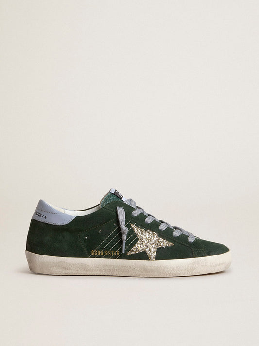 Women's Super-Star in green suede, silver glitter star and leather heel tab - Golden Goose Women