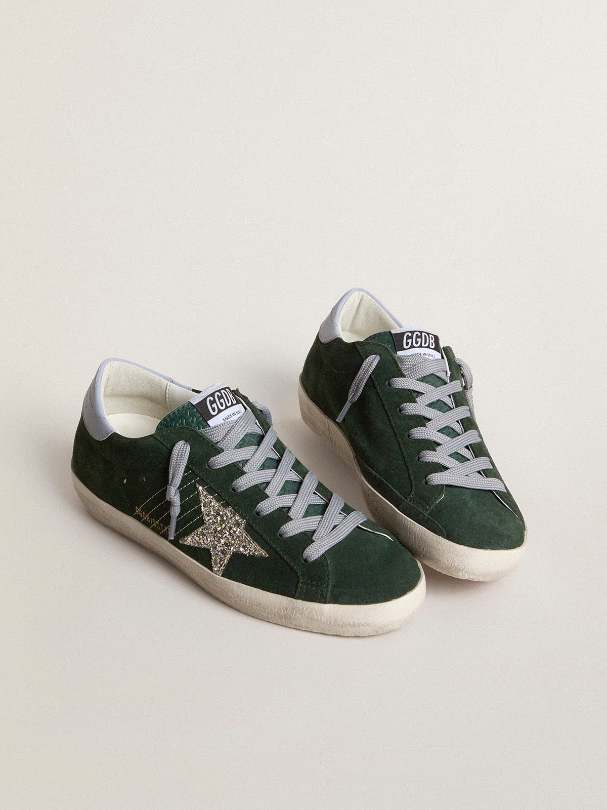 Women's Super-Star in green suede, silver glitter star and leather heel tab - Golden Goose Women
