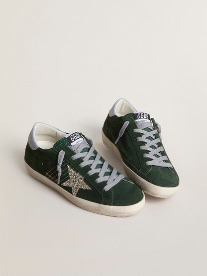Women's Super-Star in green suede, silver glitter star and leather heel tab - Golden Goose Women