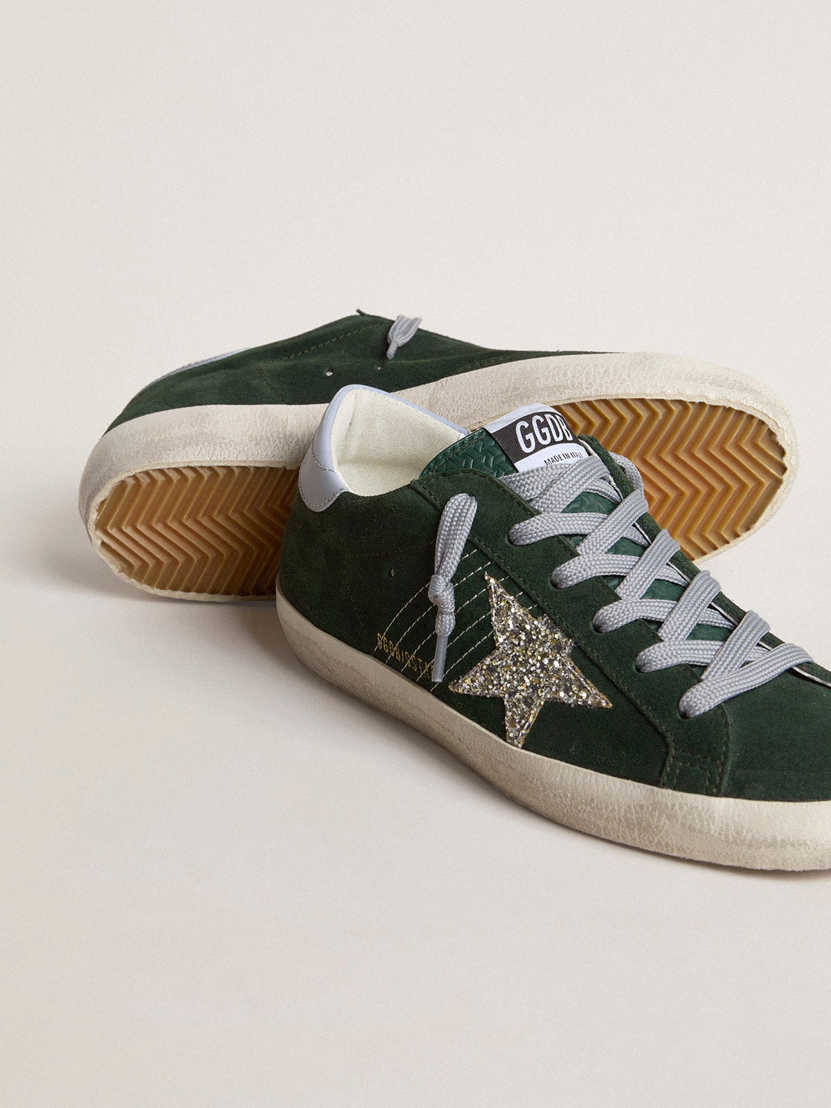 Women's Super-Star in green suede, silver glitter star and leather heel tab - Golden Goose Women