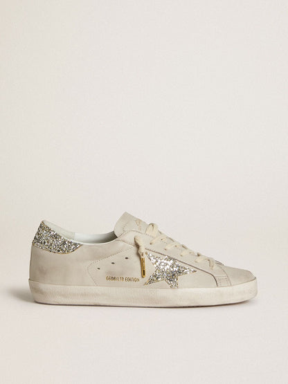 Women's Super-Star  in ivory nappa leather with platinum glitter star and heel tab - Golden Goose Women