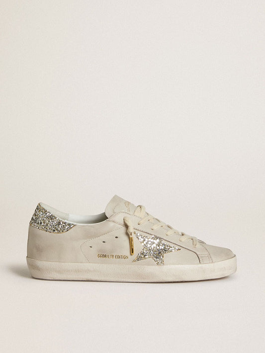 Women's Super-Star  in ivory nappa leather with platinum glitter star and heel tab - Golden Goose Women
