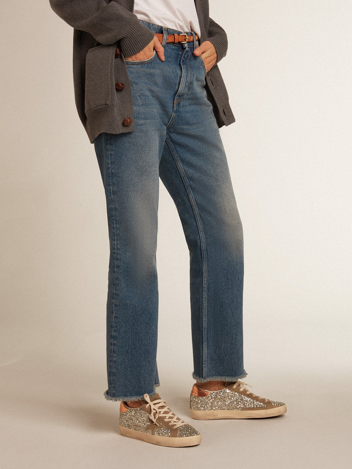 Women's Super-Star in platinum glitter with dove-gray suede star - Golden Goose Women