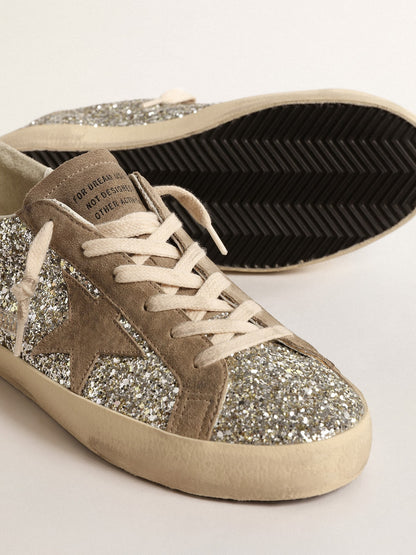 Women's Super-Star in platinum glitter with dove-gray suede star - Golden Goose Women