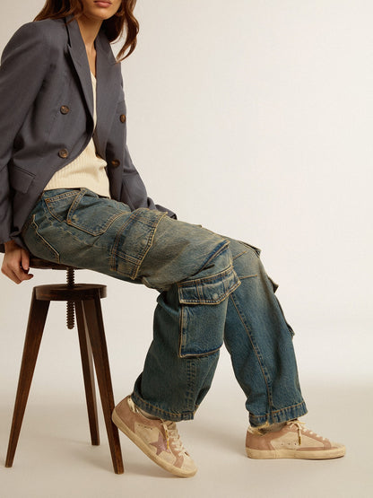 Woman's Super-Star in pale pink suede with suede star and platinum heel tab - Golden Goose Women