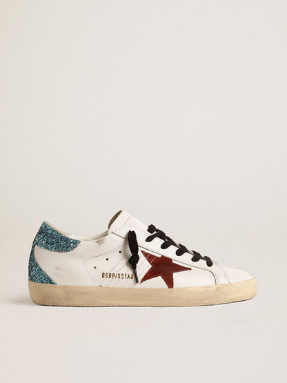 Women’s Super-Star with burgundy suede star and light blue glitter heel tab - Golden Goose Women