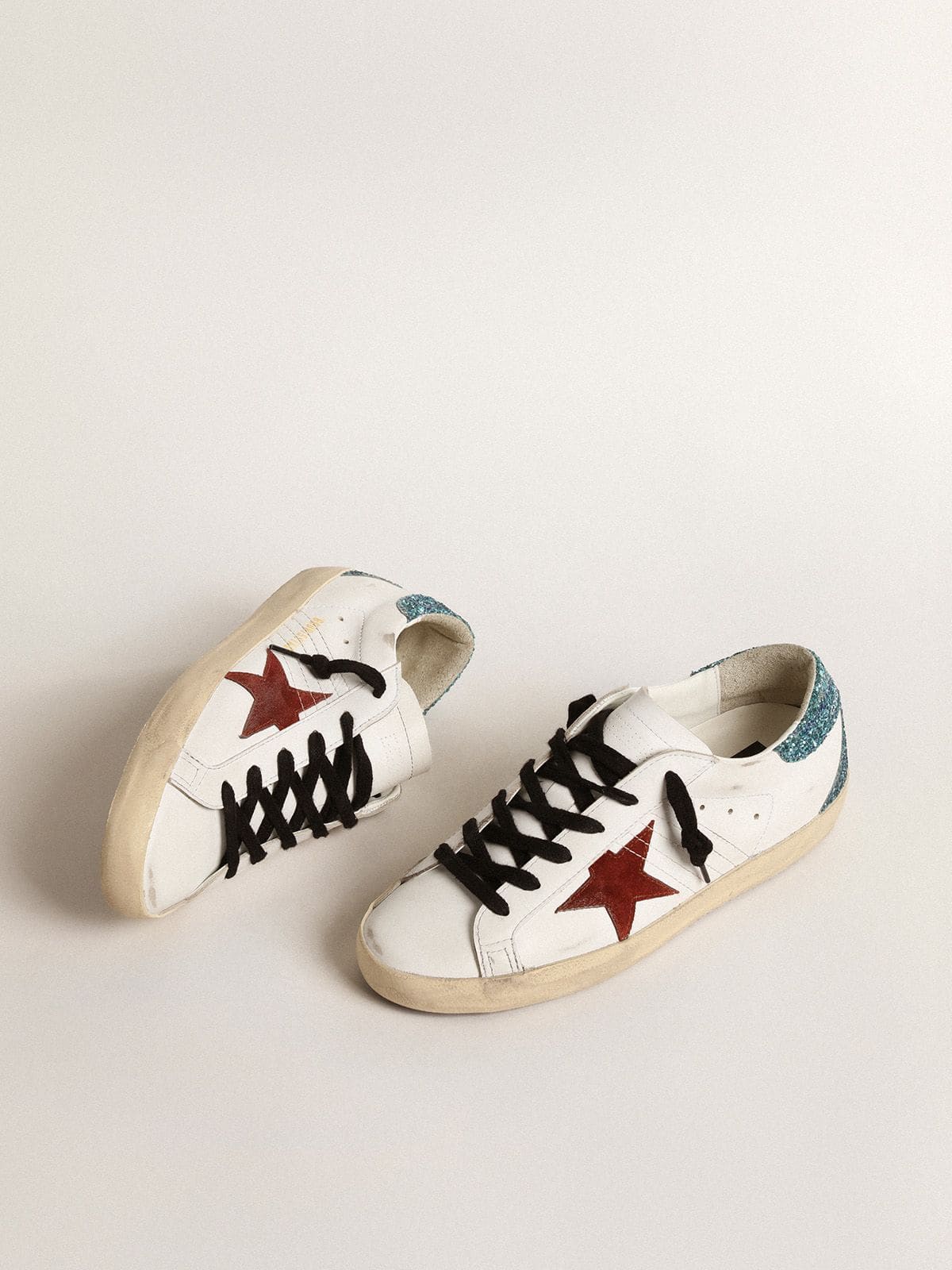 Women’s Super-Star with burgundy suede star and light blue glitter heel tab - Golden Goose Women