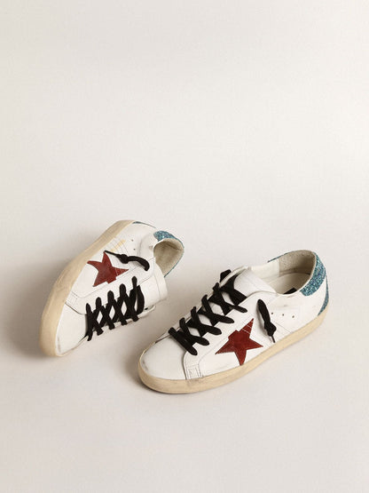 Women’s Super-Star with burgundy suede star and light blue glitter heel tab - Golden Goose Women