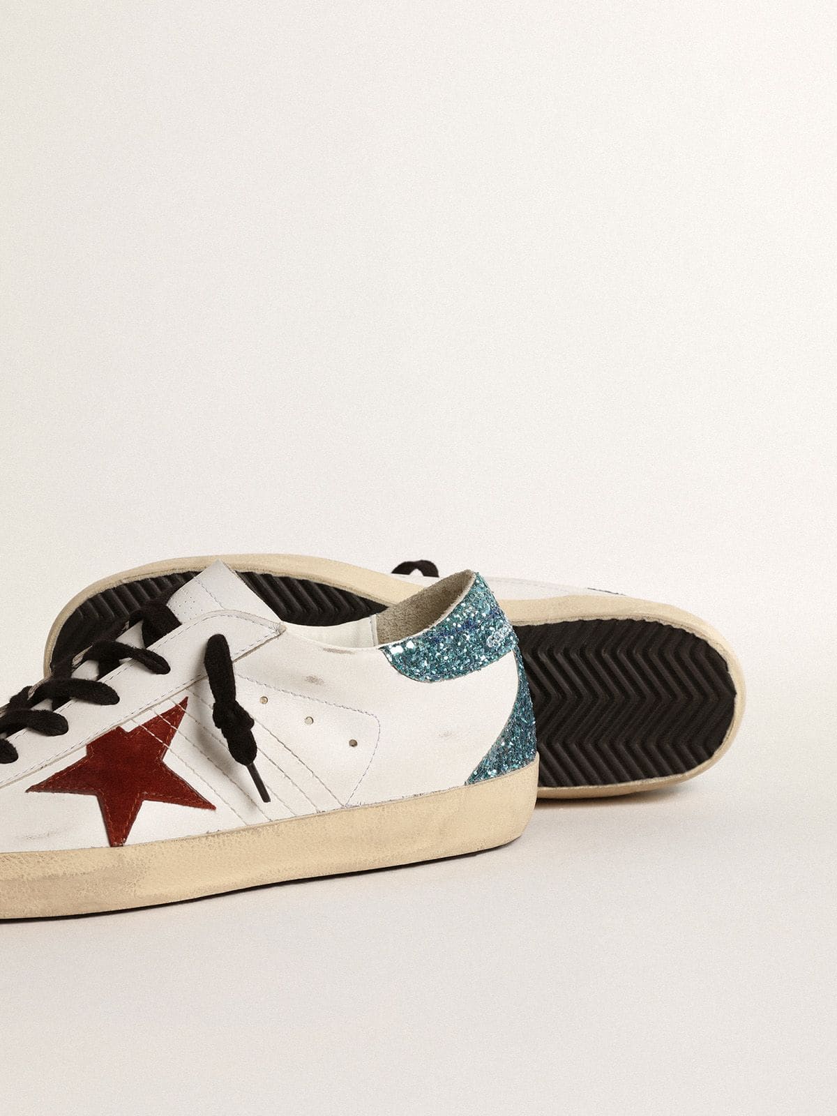Women’s Super-Star with burgundy suede star and light blue glitter heel tab - Golden Goose Women