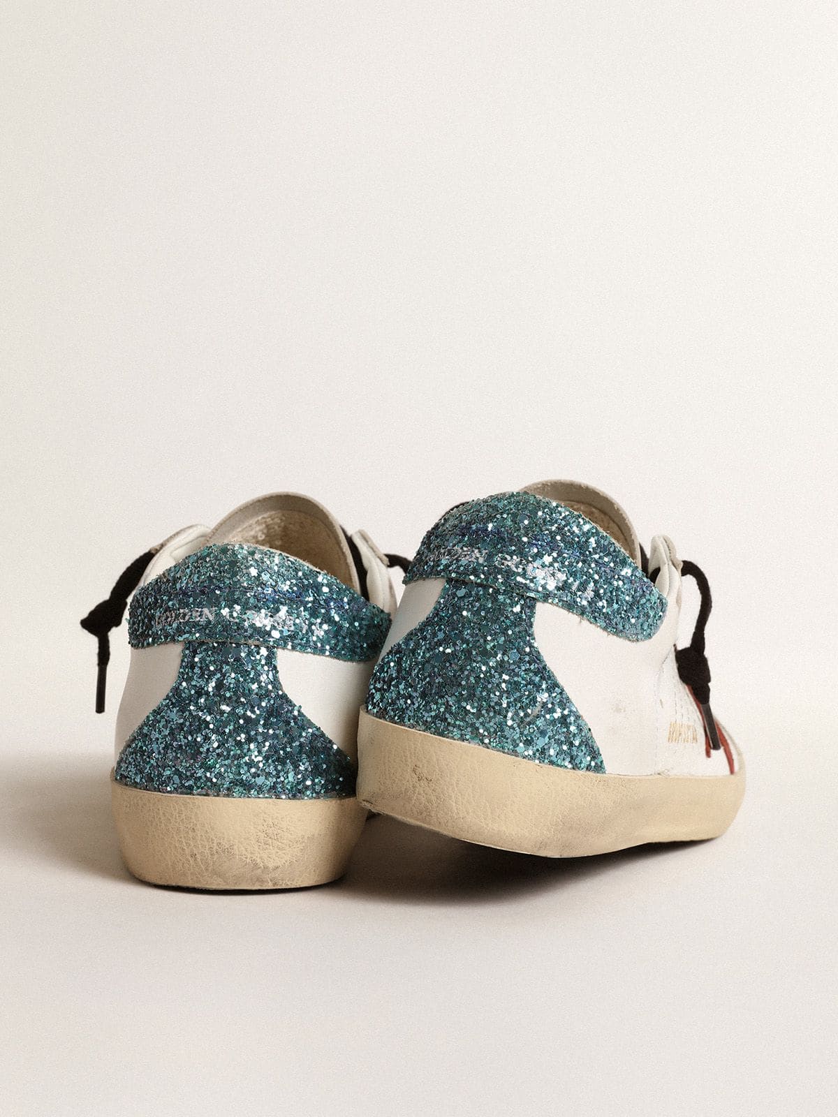 Women’s Super-Star with burgundy suede star and light blue glitter heel tab - Golden Goose Women