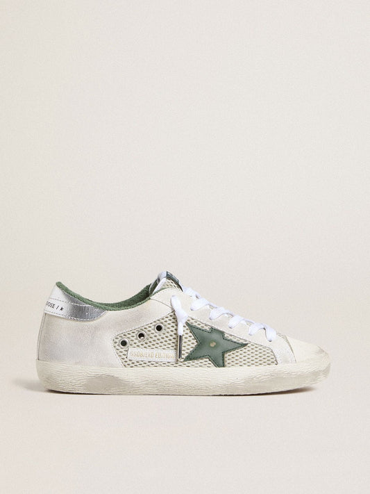 Women’s Super-Star LTD in white suede and mesh with green leather star and silver foiled leather heel tab - Golden Goose Women