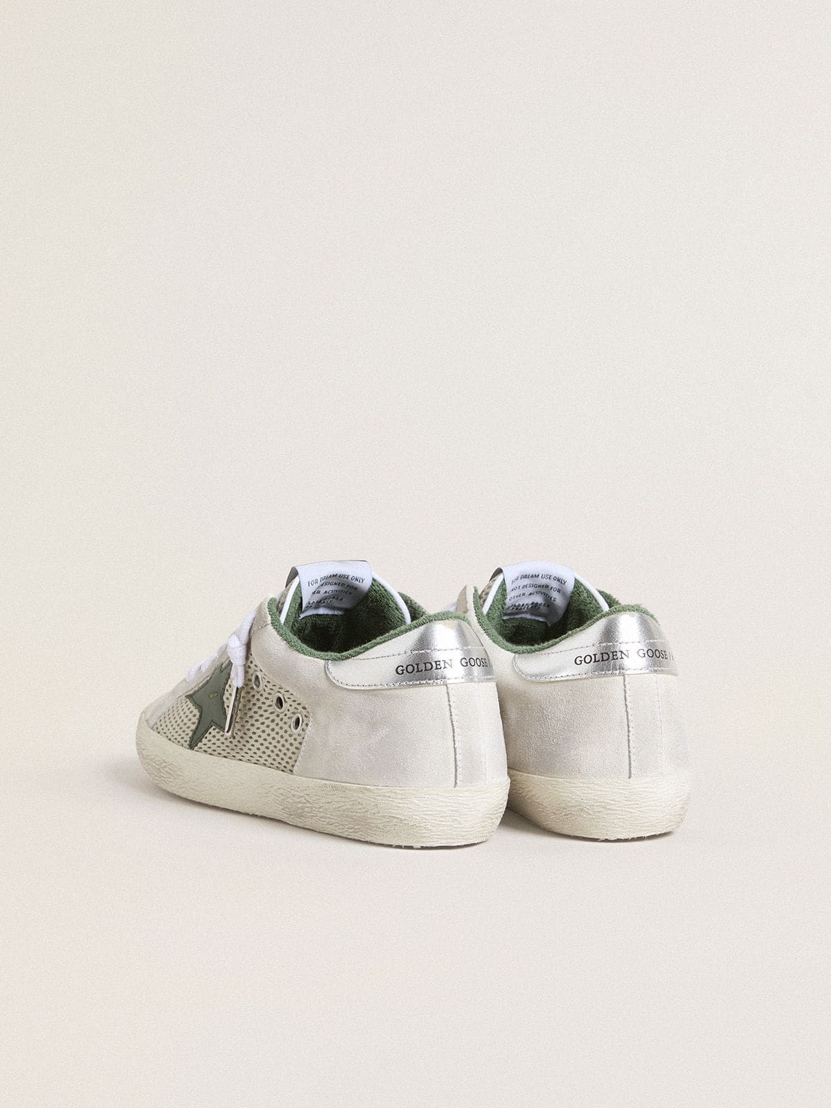 Women’s Super-Star LTD in white suede and mesh with green leather star and silver foiled leather heel tab - Golden Goose Women