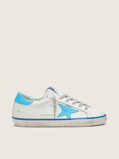 Women's Super-Star LTD in white leather with light blue leather star and heel tab - Golden Goose Women