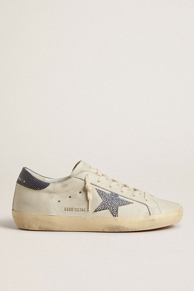 Super-Star  with cream-colored leather star with Swarovski crystals and blue leather heel tab with lizard print - Golden Goose Women