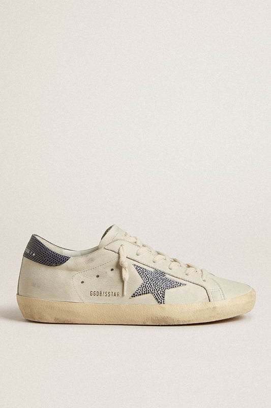 Super-Star  with cream-colored leather star with Swarovski crystals and blue leather heel tab with lizard print - Golden Goose Women