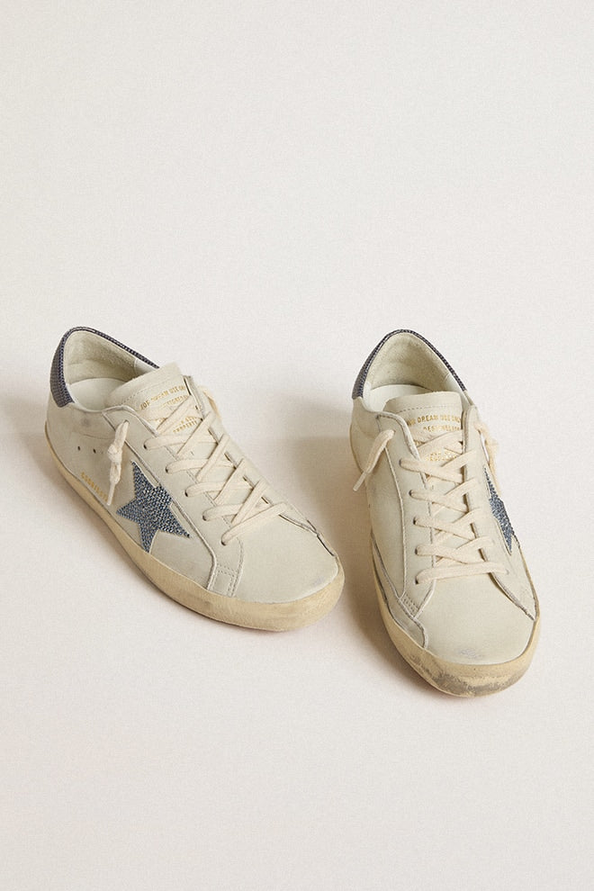 Super-Star  with cream-colored leather star with Swarovski crystals and blue leather heel tab with lizard print - Golden Goose Women