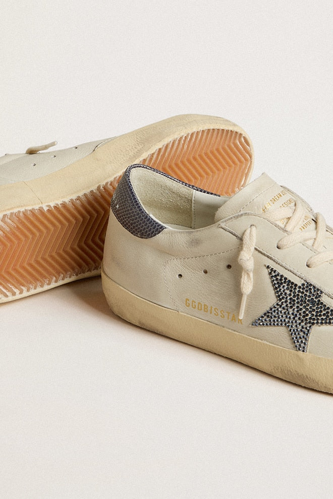 Super-Star  with cream-colored leather star with Swarovski crystals and blue leather heel tab with lizard print - Golden Goose Women