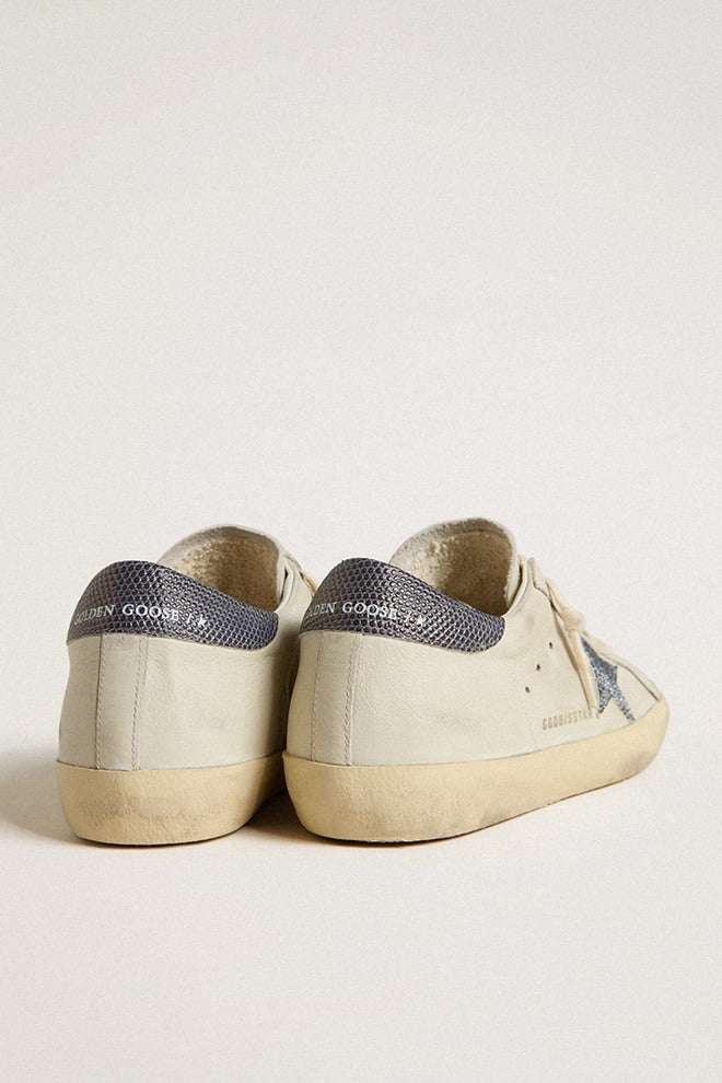 Super-Star  with cream-colored leather star with Swarovski crystals and blue leather heel tab with lizard print - Golden Goose Women