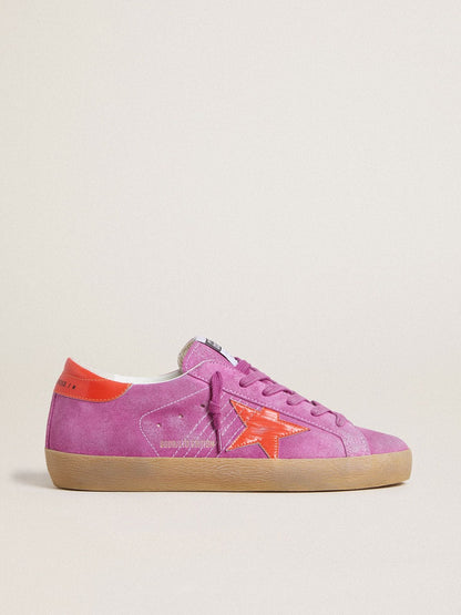 Women's Super-Star in fuchsia suede with fluorescent orange laminated leather star and heel tab - Golden Goose Women