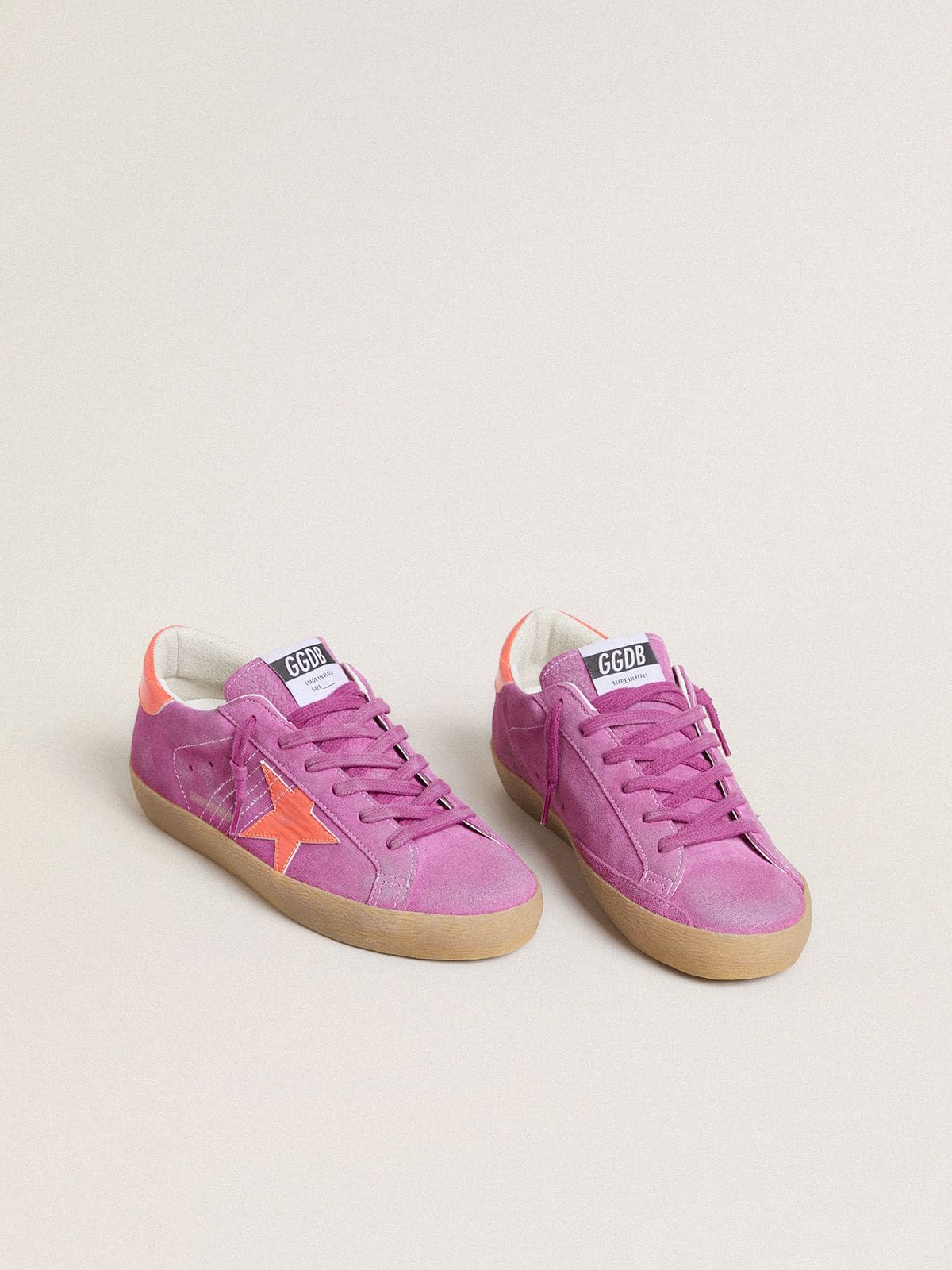 Women's Super-Star in fuchsia suede with fluorescent orange laminated leather star and heel tab - Golden Goose Women